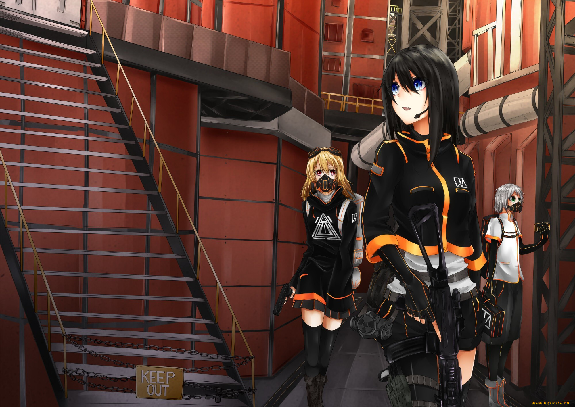 , ,  ,  , pretty, biohazard, bishojo, blue, eyes, weapon, kawaii, revolution, brunette, rifle, mask, girl